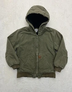Carhartt Jacket Youth Medium 10/12 Green Hooded Quilted Lined Duck Workwear Zip - Picture 1 of 17