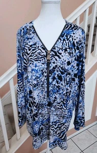ALFANI Blue Print Zipper V-Neck 3/4 Sleeve Stretch Top Sz 2X - Picture 1 of 11
