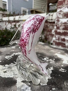 Dolphin on Wave Ocean Decorative Glass Art Figurine CranberryWhite Swirl Pattern - Picture 1 of 17
