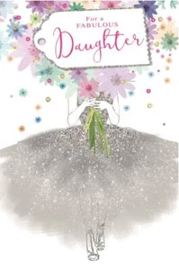 Daughter Birthday Card -Silver Glitter Dress Multicoloured Flowers & Foil 9 x 6" - Picture 1 of 1
