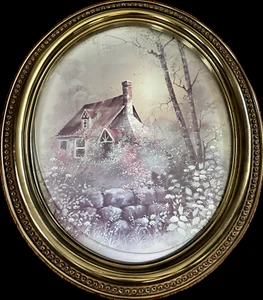 Syroco 1982 Oval Gold Plastic Picture Frame Cottage In Forest Birch Tree C/3/1/5 - Picture 1 of 3