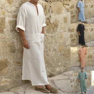 Mens Kaftan Robe Linen Loungewear V Neck Long Night Gown Shirt Sleepwear Loose - Picture 1 of 23