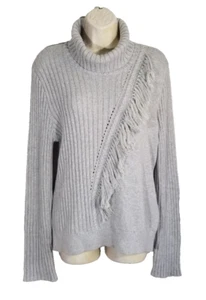DKNY Women Size Large Gray Turtleneck Knit Sweater Fringe Long Sleeve Cotton NEW - Picture 1 of 9