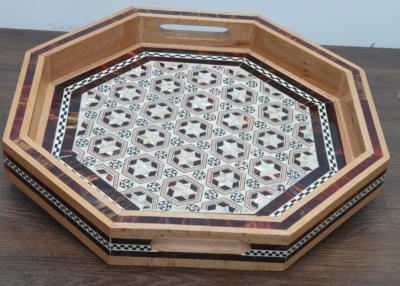 Hand made Wooden Beverage tray inlaid with mother-of-pearl  12.9'' x  12.9'' - Image 1 of 4