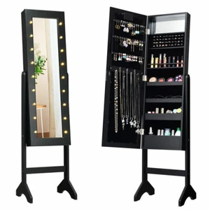 Mirrored Jewelry Cabinet Armoire Organizer w/18 LED lights Black Christmas Gift - Picture 1 of 6