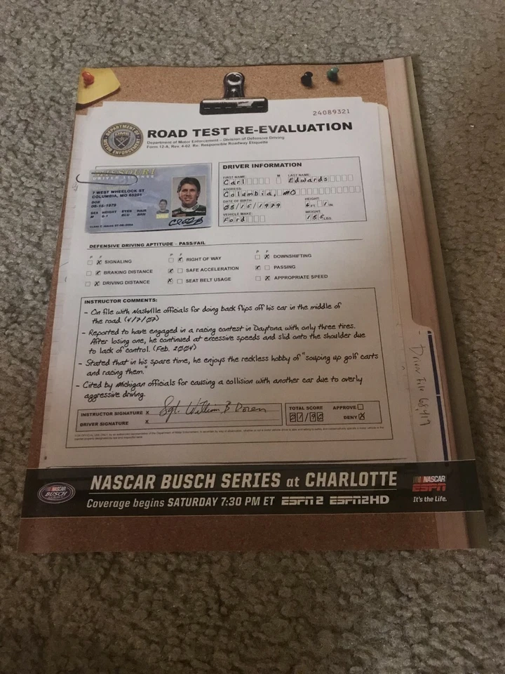 Publicidad impresa póster vintage 2007 ESPN NASCAR CARL EDWARDS SERIE BUSCH CHAROTTE RACE Foto 1 de 1