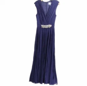 Vestido Badgley Mischka Talla 2 Vestido Azul Seda Plisado Cuentas Manga Corta Nuevo con Etiquetas - Imagen 1 de 12