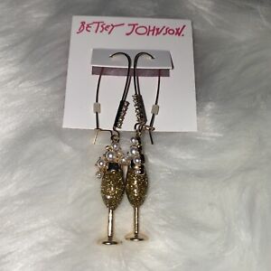 Betsey Johnson Gold Tone Champagne Glasses Flutes with Bubbles Long Pierced NEW