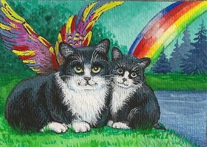 IMPRESIÓN DE PINTURA ACEO RYTA ESMOQUIN GATO NEGRO GATITO PUENTE ARCO IRIS arte popular lago - Imagen 1 de 1