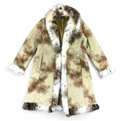 Y2k vintage beige brown and white penny plane afghan faux fur trench coat - Image 1 of 4