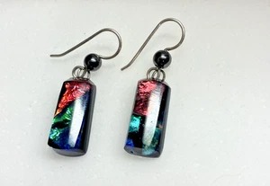 Glass Rectangular Earrings Iridescent Luminous Colors Hook Dangle - Picture 1 of 5