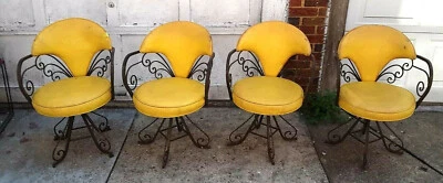 Seng Swivel Tub 4 Chairs Set Yellow Vintage Antique Retro Scrolls Iron Bistro - Image 1 of 4