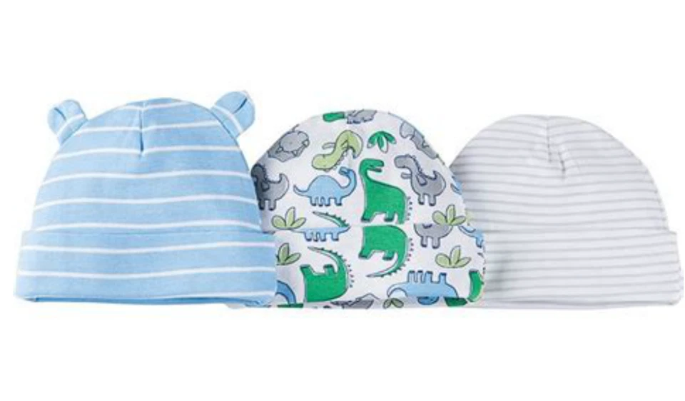 Gerber Baby Boy's 3 Pack Caps NEW Size Newborn, 0-6 Months Dino, Stripes CUTE - Image 1 of 1