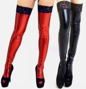 PVC Womens Thigh-High Stockings Wet Look Lace Hold Ups Leather Shiny Long Socks - Picture 1 of 33