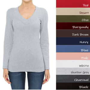 Ambiance Basic Jersey Cotton Wide Deep V-Neck Long Sleeve Casual Tee Shirt  S-3X