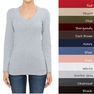 Ambiance Basic Jersey Cotton Wide Deep V-Neck Long Sleeve Casual Tee Shirt S-3X - Picture 1 of 24