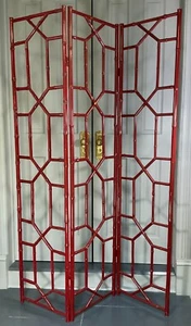 Chinoiserie Red Lacquered Bamboo 3-Panel Room Divider Vintage - Picture 1 of 16