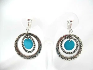 Clip on 2" silver two layer hoop earrings w/blue flat center bead - Picture 1 of 3