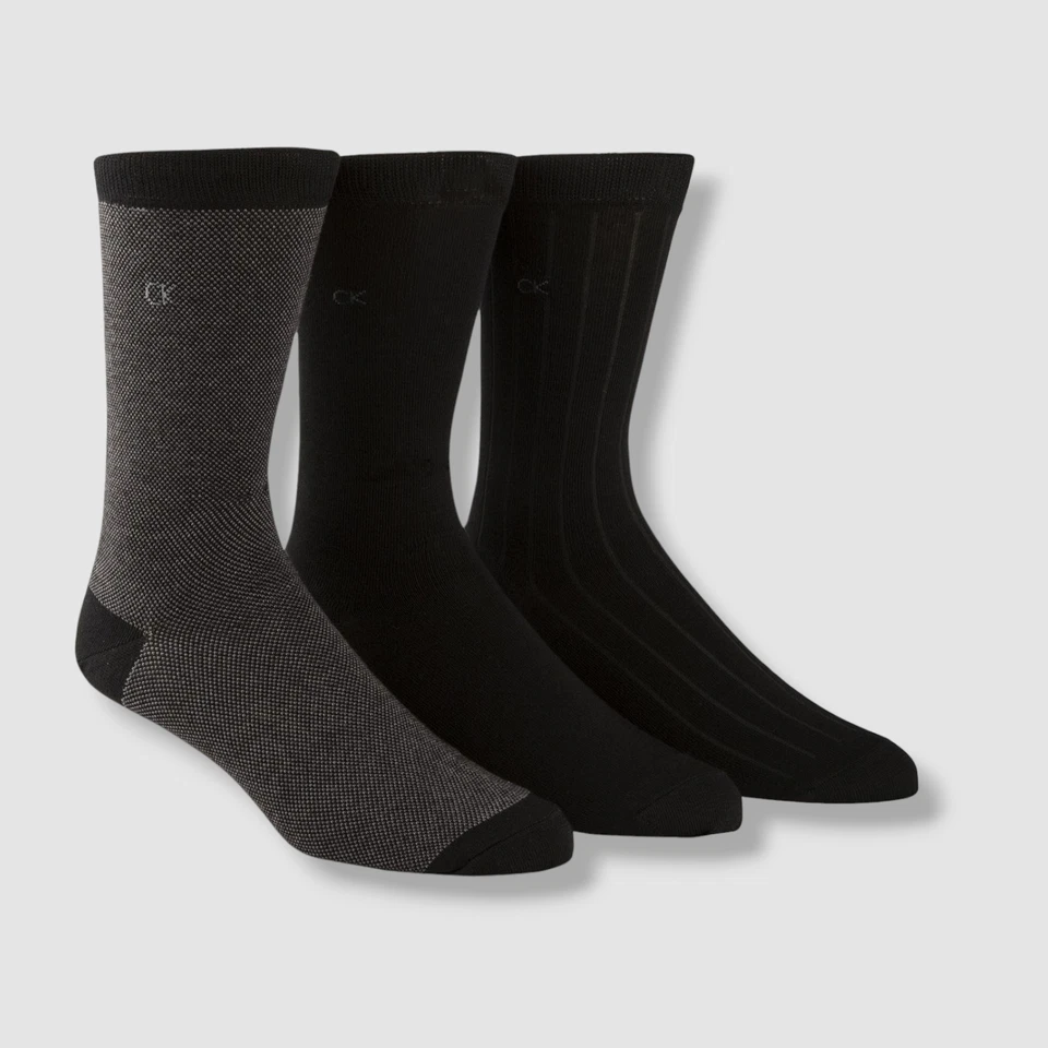 Calvin Klein Black 3-pairs Shoe Sz 7-12 Men Dress Crew Socks Casual A26