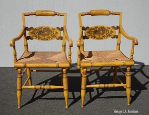 Pair of Two French Country Hitchcock Hand Painted Rush Seat Accent Chairs - Picture 1 of 12