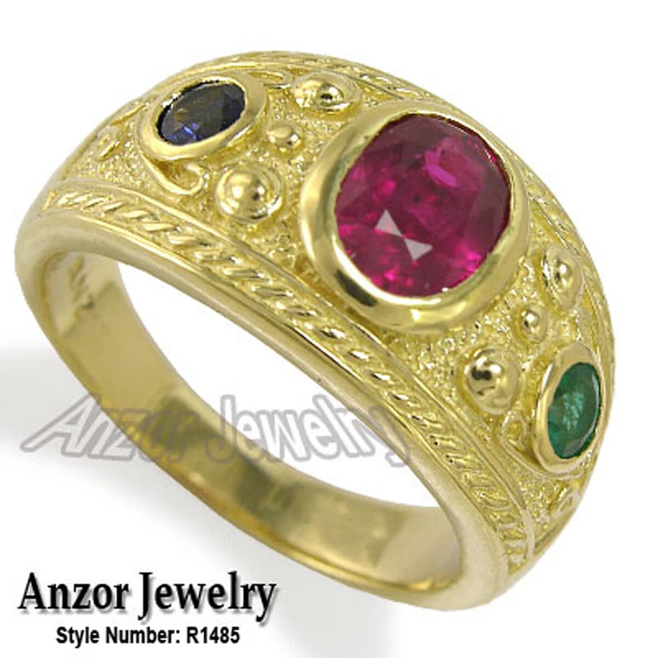 Men's 14k Gold Three-Stone Ruby Sapphire Emerald Ring, Sizes 8 to 14  - Image 1 of 4