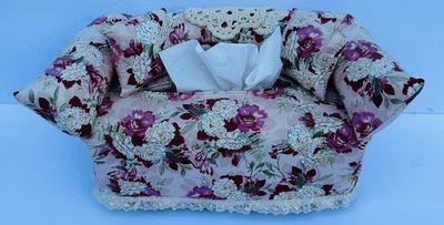 Vintage Sofa Couch Tissue Box Cover Cottage Core Handmade Pillows & Doily Floral - Image 1 of 4