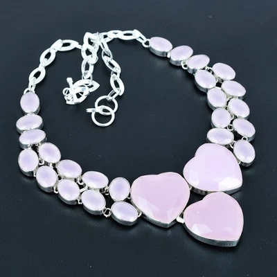 Collar de joyería de plata de ley 925 hecho a mano con piedras preciosas de cuarzo rosa 18" VJ 1098 Foto 1 de 4