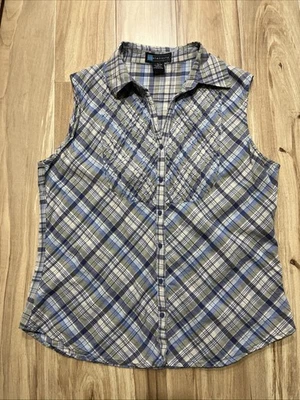 Blusa Top Mujer Sin Mangas Botón Delantero Talla L Azul A Cuadros 100% Algodón Foto 1 de 4