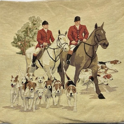 Pair (2) Vintage English Fox Hunt Tapestry Pillow Covers 18x18 Equestrian Set - Image 1 of 4