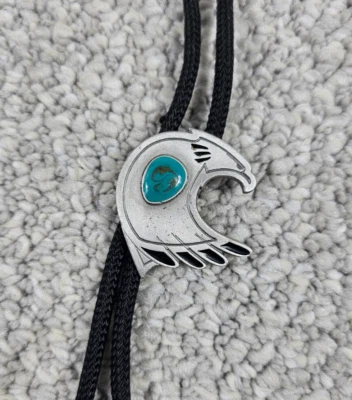 Vintage 1996 Siskiyou BTL-12 Pewter Enamel & Turquoise Eagle Black Bolo Tie - Image 1 of 4