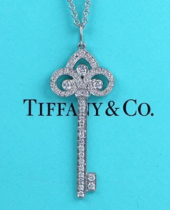 $7200 Tiffany & Co Platinum Diamond 1.5" Fleur de Lis Key Pendant Chain Necklace - Picture 1 of 12