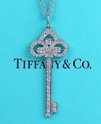 $7500 Tiffany & Co Platino Diamante 1.5" Flor de Lis Llavero Colgante Collar Cadena Foto 1 de 4