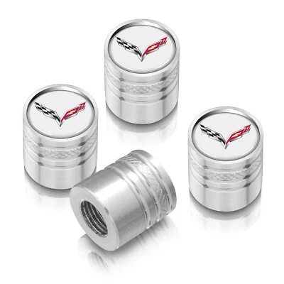 Chevrolet Corvette C7 Logo White on Silver Aluminum Tire Valve Stem Caps - Image 1 of 3