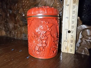 Vintage chinesischer handgeschnitzter Zinnober runder Kanister Emaille Glas - Bild 1 von 6