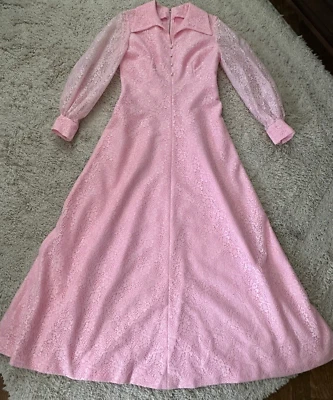 Vestido largo vintage de tela de encaje rosa para mujer años 60-70 hecho a mano talla M/L, forrado Foto 1 de 4