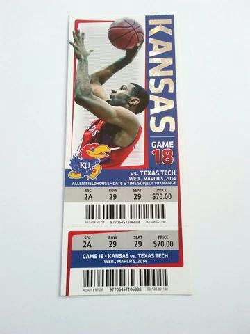 2013-14 Kansas Jayhawks Texas Tech Basketball Full Ticket Stub Cover