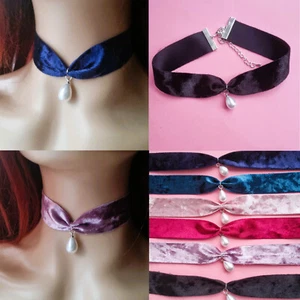 Women Girl Choker Necklace Velvet Ribbon Faux Pearl Teardrop Shaped Pendant UK - Picture 1 of 8