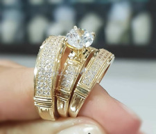 14k Yellow Gold Plated Moissanite Trio His And Her Wedding Bridal Ring Set