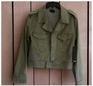Hudson Women's Moto Crop Studded Jacket Size Medium Khaki Green Silver Studs - Picture 1 of 9