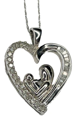 Kay 10K White Gold Sun Diamond Mother Child Baby Open Heart Pendant Necklace 2g - Image 1 of 4