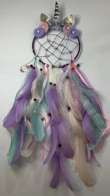 2X Niña Unicornio Atrapasueños PÚRPURA Flor Pluma Colgante Pared Decoración Foto 1 de 4