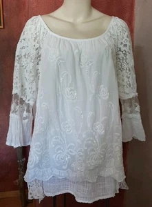 Tredy Pink Cherry Bluse Tunika Weiß Baumwolle Gr. 3 Spitze Tüll Topzustand! - Bild 1 von 1