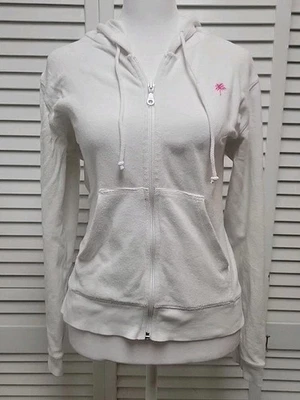Lilly Pulitzer Mujer Talla M Mediana Cremallera Completa Blanca Sudadera con Capucha Terry Tela Chaqueta Palma Foto 1 de 4