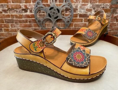 L'Artiste Spring Step Natural Yellow Leather Wedge Sandals Roshni 38 7.5-8 New - Image 1 of 3