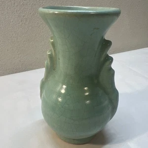 Vintage Art Deco Green Glaze Dual Handle Pottery Vase 4.5” Unsigned Cabinet - Picture 1 of 11