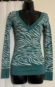 EUC Deep V Langarm Daumen Thermo Waffel Strick türkis Tiermotiv Shirt - Bild 1 von 2