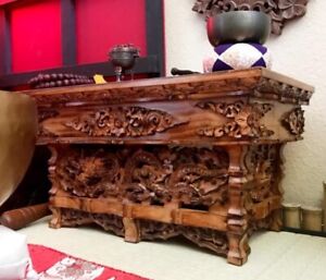Hand Carved Wood Hindu Altar Puja Tea Table Buddhist Indian Meditation & Prayer