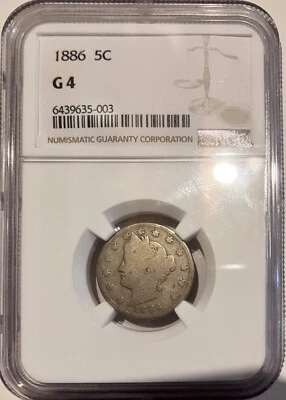 1886 5C Liberty Head Nickel G4 NGC Certified Rare Key Date Full Rims Obv. & Rev. - Image 1 of 4