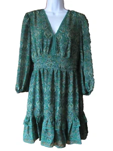 Max Studio Women's size S Green Floral Print V-Neck 3/4 Sleeve Empire Mini Dress - Picture 1 of 11