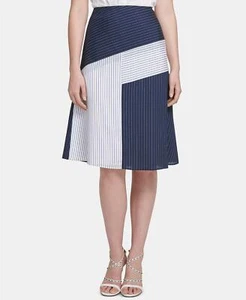 Dkny Colorblocked Midi Skirt - Navy Blue / White Stripe, Sz 4 - Picture 1 of 4